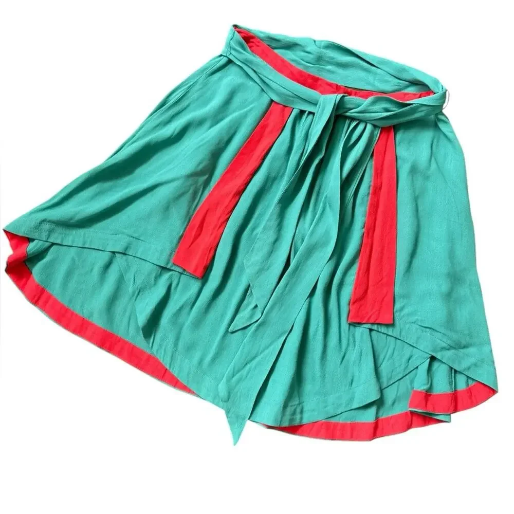Umgee Colorblock Teal & Coral Asymmetrical Layered Mini Skirt Size Large